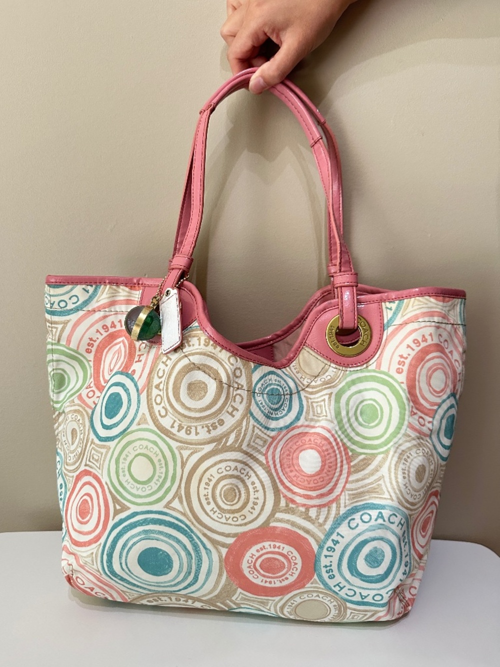 Vintage Coach Signature Nylon Beach Print Patent Leather Pink Trim Tote Bag Y2K